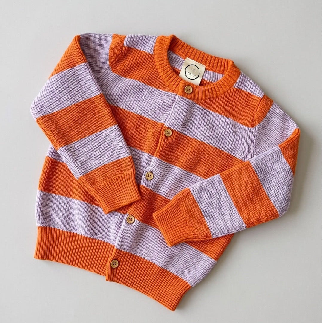 GOTS Organic Knit Cardigan - Sunset Sorbet (lavender/orange striped)