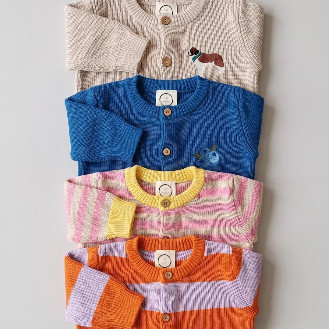 GOTS Organic Knit Cardigan - Sunset Sorbet (lavender/orange striped)
